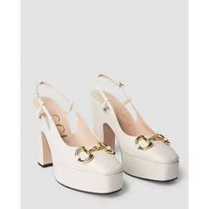 Gucci Horsebit Platform Slingback Pumps White Leather 39.5/US 9.5 NIB $1,199